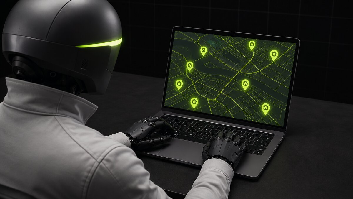 The robot assistant typing on a laptop showing a glowing map of house listings