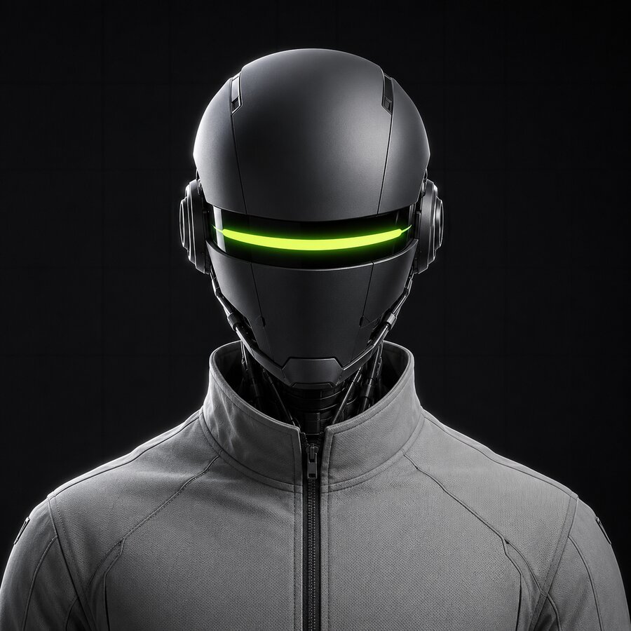 Sleek dark robot with a glowing lime visor, wearing a grey technical jacket