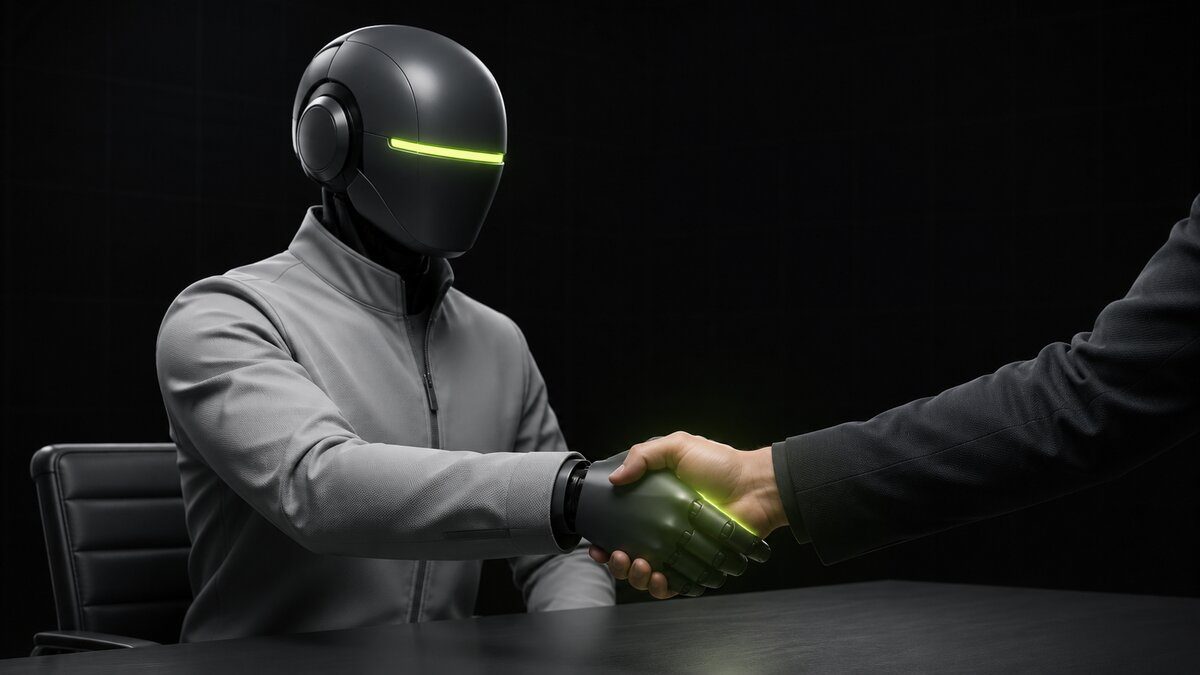 The robot assistant shaking hands with a person across a table